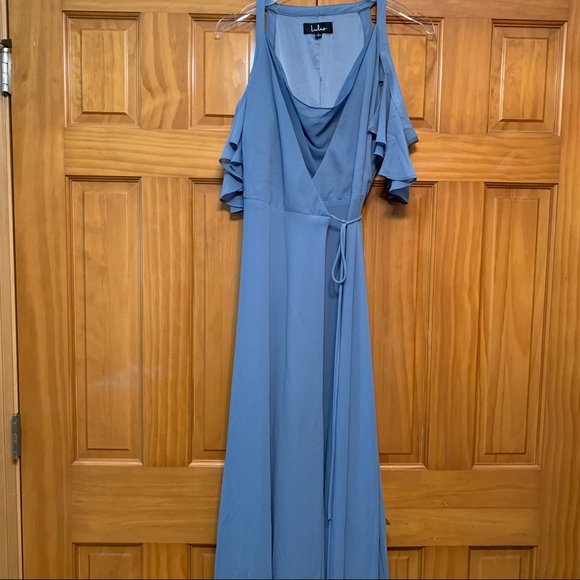 Lulu’s Easy Listening Slate Blue Cold Shoulder Maxi Dress Size Large - Picture 9 of 9